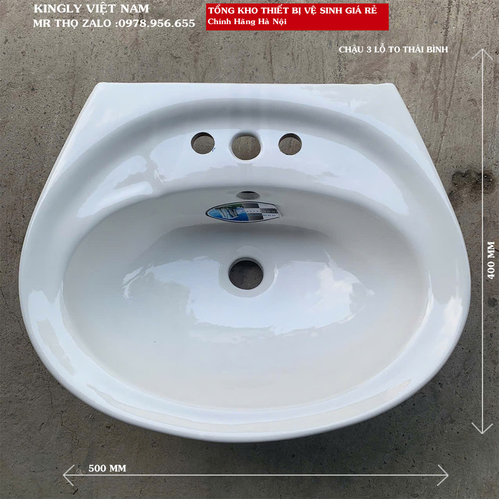 Chậu Lavabo treo tường gia rẻ thái bình 3 lỗ to màu trắng